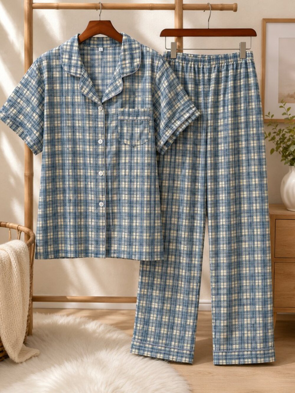 Women’s Blue Plaid Pajama Set Button Front Short Sleeve Lounge Set Size L